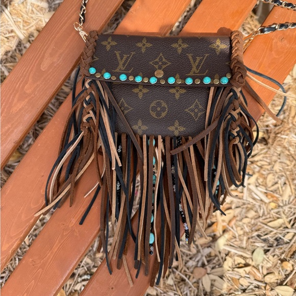 Louis Vuitton Brown Monogram Fringe Crossbody with Turquoise Studs - Picture 10 of 14